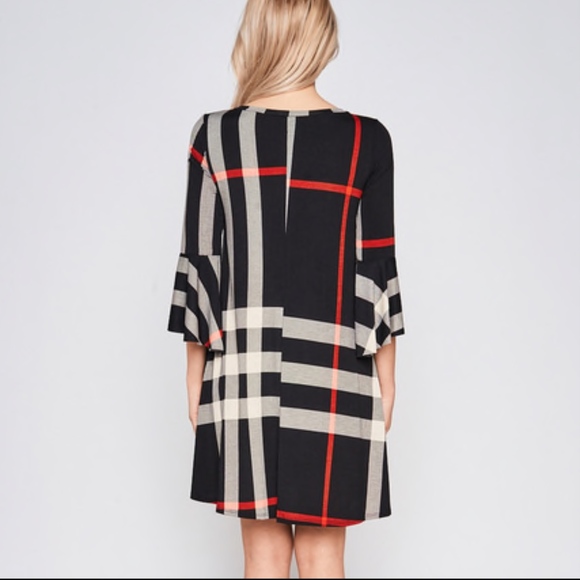 BLACK PLAID SPLIT SLEEVE SHIFT DRESS - Picture 3 of 4